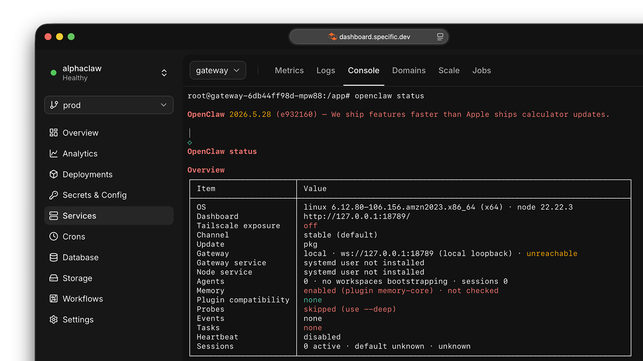 Service console in the Specific dashboard