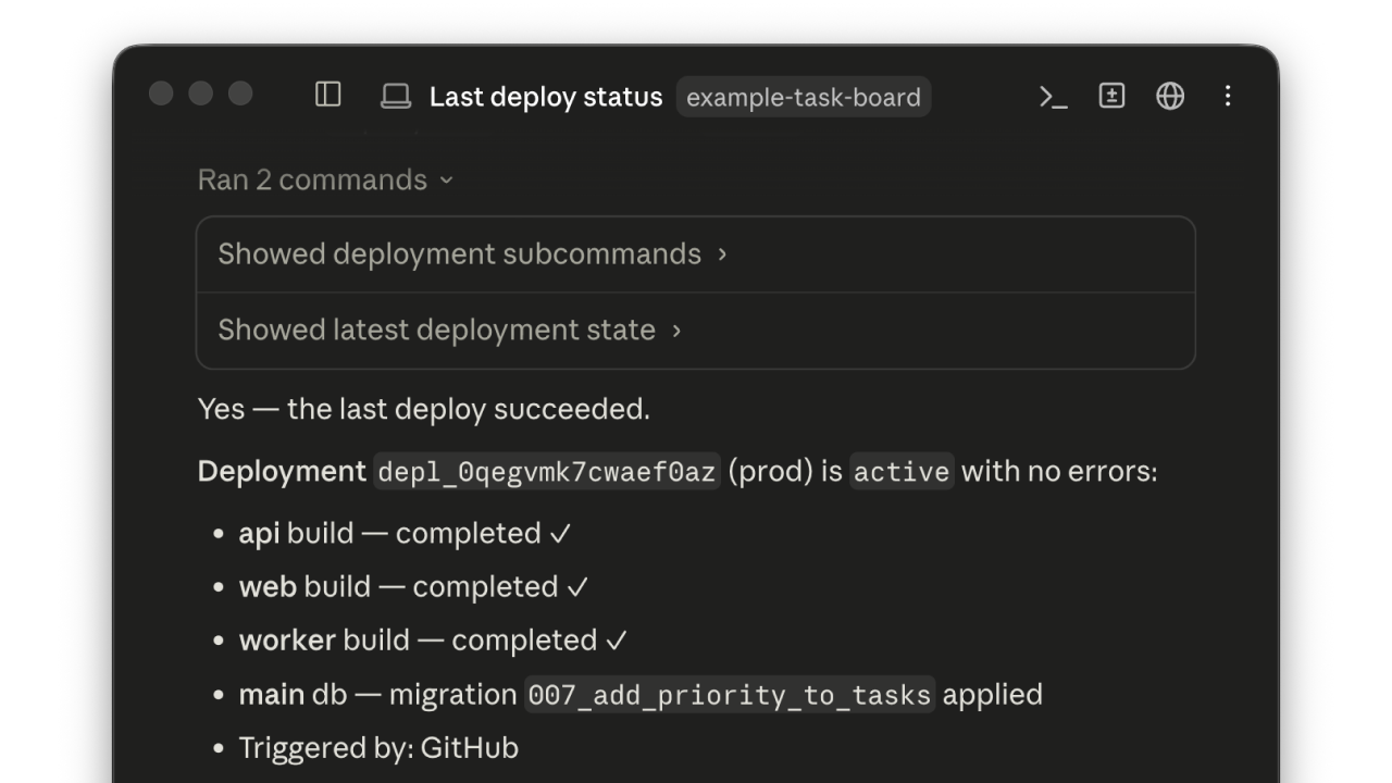 Coding agent checking the latest deployment state with the Specific CLI