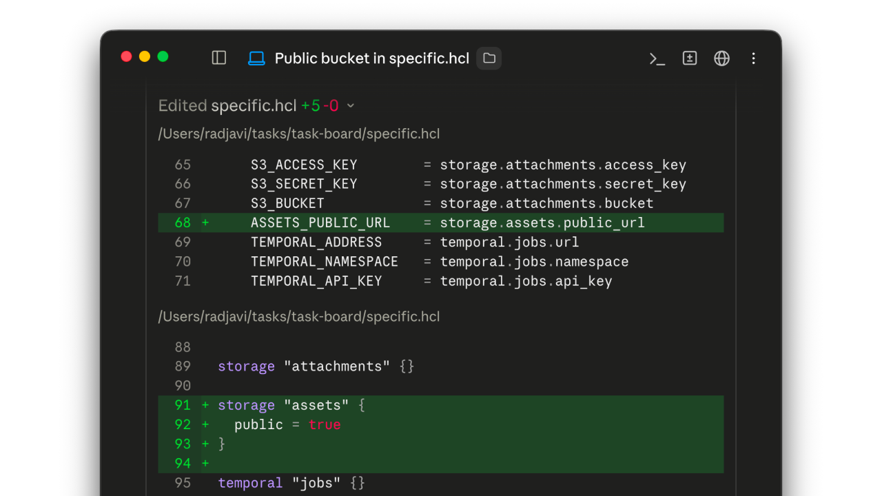 Coding agent making a storage bucket public in specific.hcl