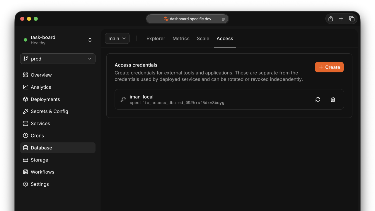 Access credentials tab in the dashboard's Database view with a named credential