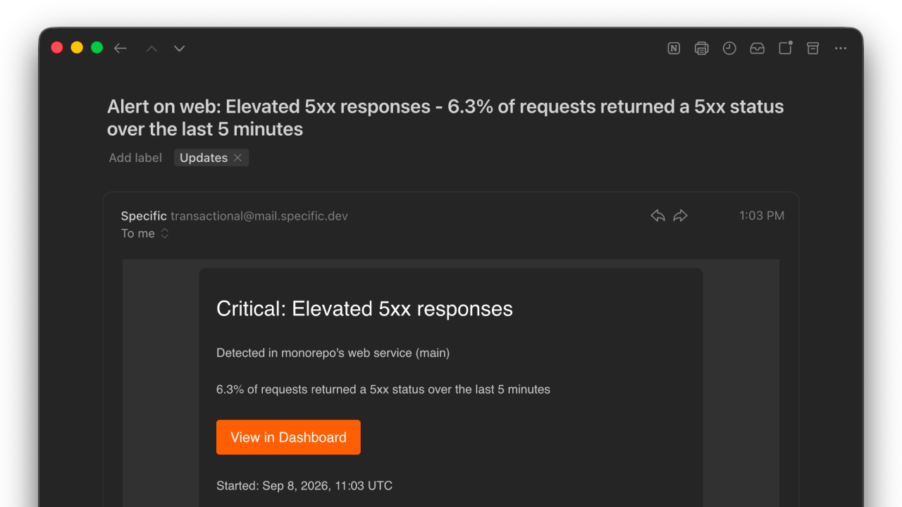 Alert email from Specific: Elevated 5xx responses on the web service, with the error rate and a link to the dashboard