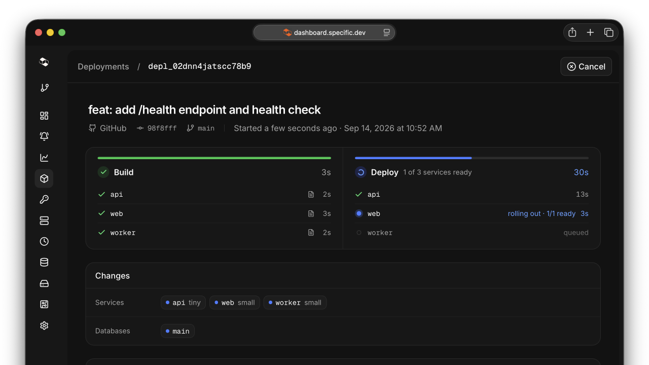 Deployment detail page in the Specific dashboard showing separate Build and Deploy stages with per-service progress